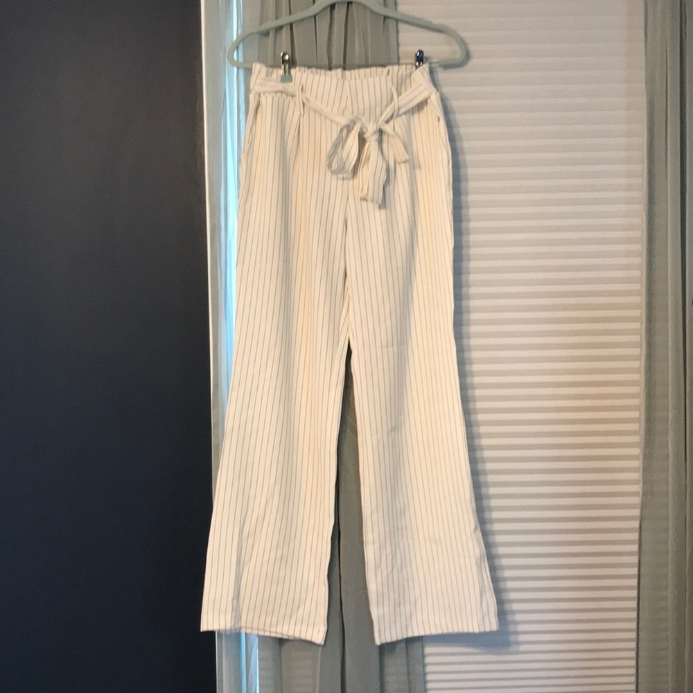 Pinstripe Belted Wide-Leg Pants